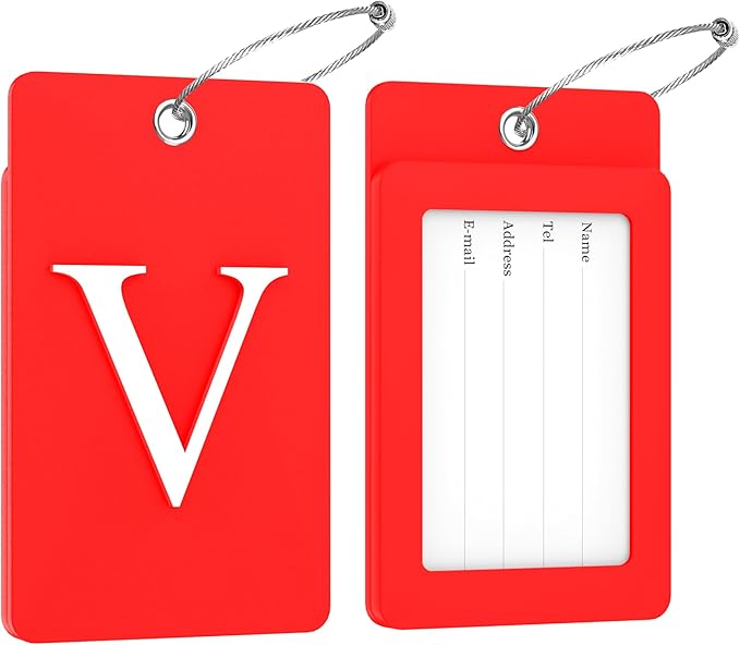 Gostwo 2 Pack Luggage Tags for Suitcases, 26 Initial Letter Travel Luggage Baggage Identification Labels ID Tag Fully Bendable Tags with Stainless Steel Loop (Red) (Letter V)