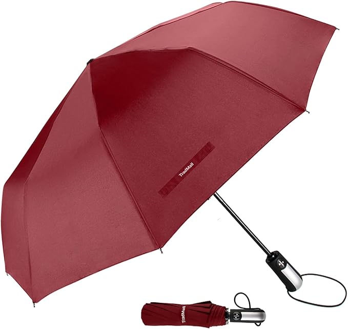 TradMall Travel Umbrella Windproof with 46 Inches Large Canopy 10 Reinforced Fiberglass Ribs Ergonomic Handle Auto Open & Close, Red