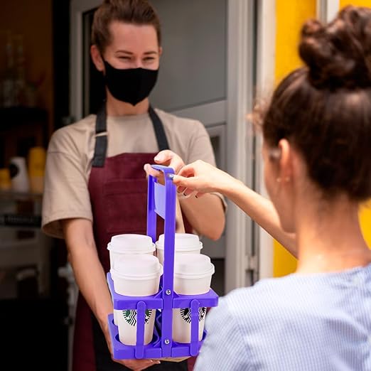 Bodaon 4 Cup Drink Carrier with Handle, Plastic Cup Carriers for Drinks, Drink Holder for Car, Take Out Delivery Drivers Accessories, Portable Foldable Reusable Mobile, Use for Food Delivery Bag
