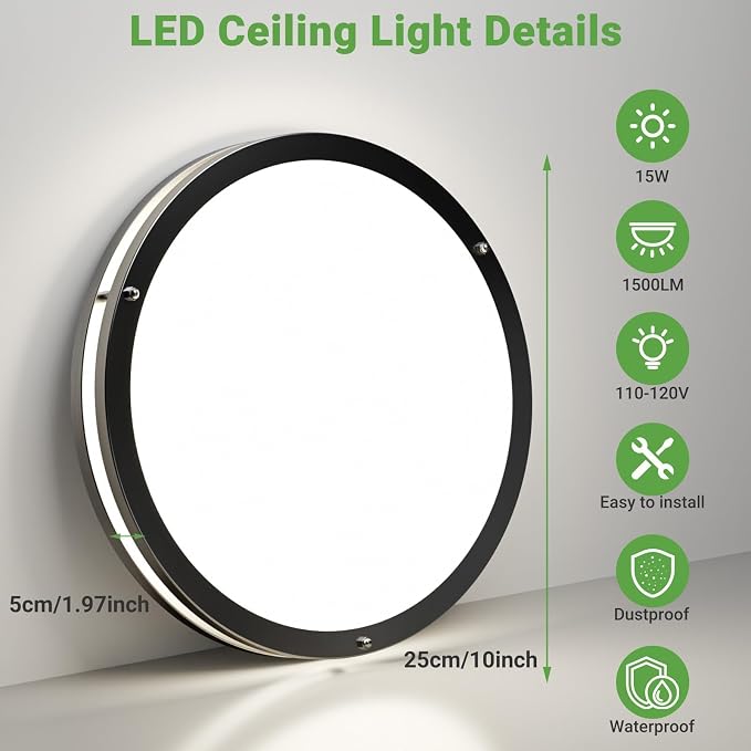 zemty 10Inch Black LED Flush Mount Ceiling Light Fixture, Dimmable &5CCT(3000K-6500K) Adjustable, 15W IP44 Damp-Rate Ceiling Lamp for Hallways, Bathrooms, Closets, Laundry Rooms-2Pack