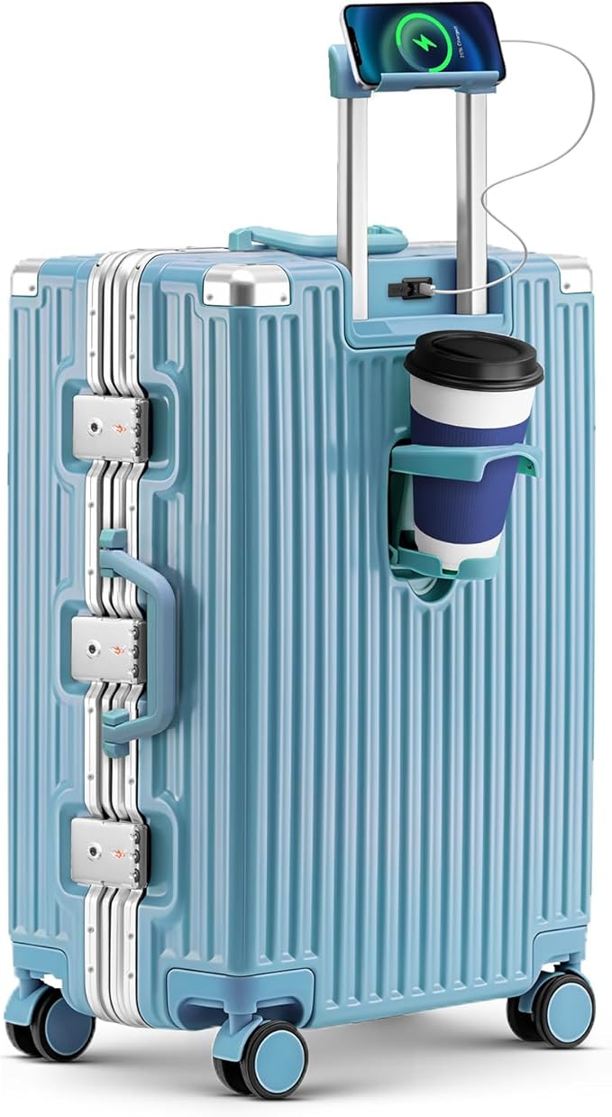 Zipperless Suitcase, 28 Inch Checked Luggage, Hardshell Aluminum Frame Polycarbonate Luggage with Phone Holder, Cup Holder, Charging Port, TSA Lock, Spinner Wheels for Vacations, Blue