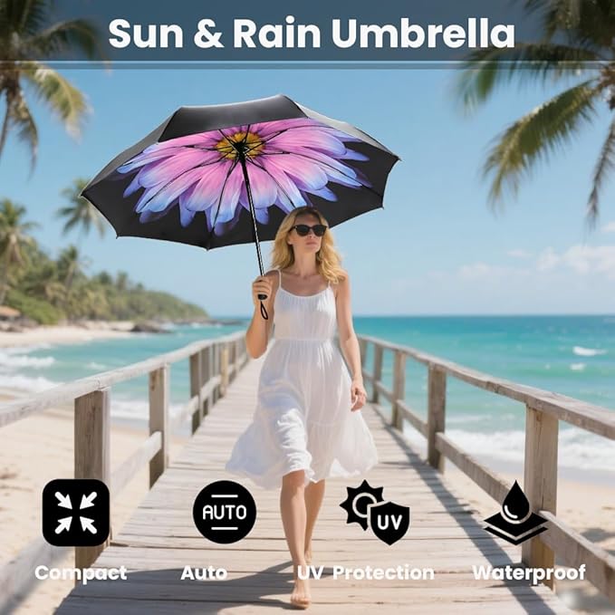 SIEPASA Compact Travel Umbrella - Windproof Auto Open/Close, Small Folding Umbrella for Rain - Lightweight & Durable with Fiberglass Frame, Waterproof Canopy - Fits Backpack, Purse, Suitcase. (Glaze)