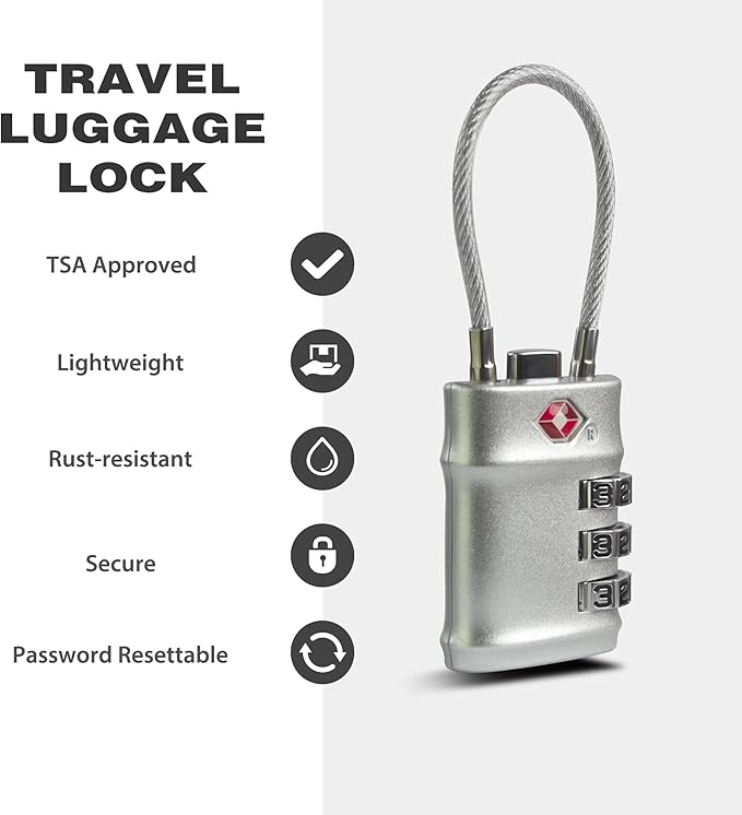 Luggage Locks TSA Approved, Small Padlock Combination with Cable, TSA Locks for Luggage, Combo Padlock with Code, for Travel Suitcase, Gym Locker, Gun Case, Backpack Zipper (Black+Silver)
