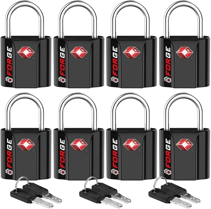 Forge Small Size TSA Approved Luggage Locks: Key Locks for Travel. Ultra Secure Dimple Key Travel Locks Alloy Body Luggage Locks. Black 8 Pack.