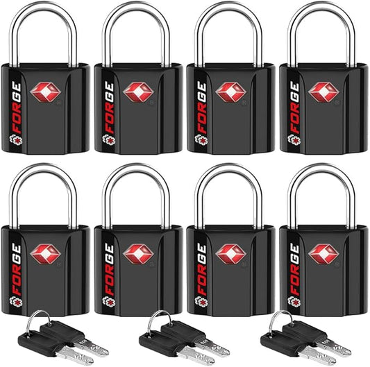 Forge Small Size TSA Approved Luggage Locks: Key Locks for Travel. Ultra Secure Dimple Key Travel Locks Alloy Body Luggage Locks. Black 8 Pack.