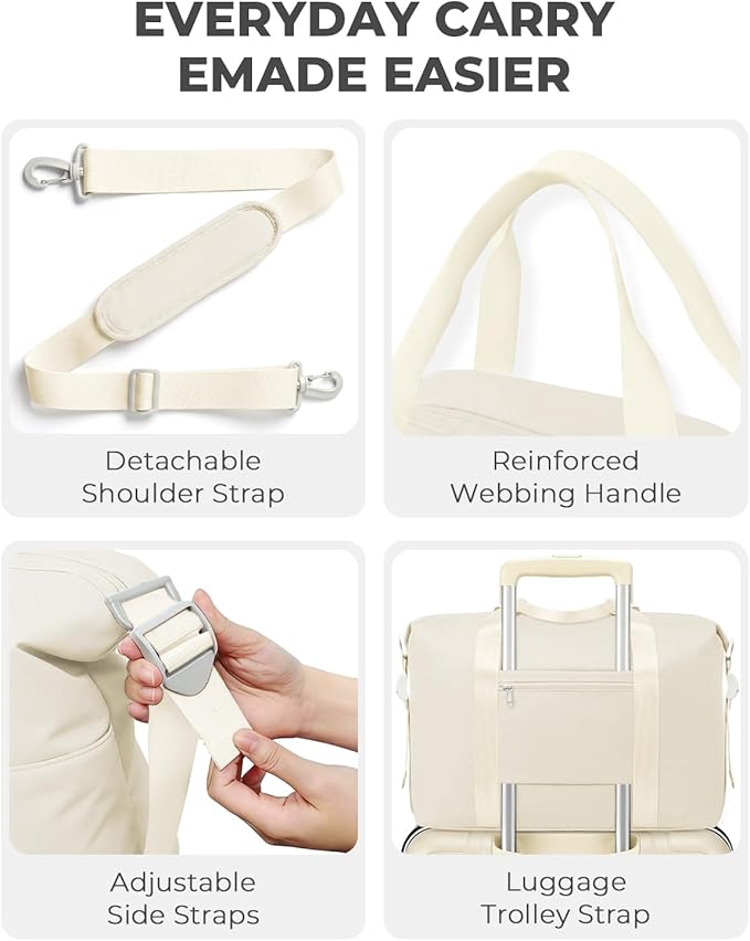 Percover Weekender Travel Duffel Bag for Women, Lightweight Soft-Structure 33L Carry-On, Water-Resistant Nylon with Shoulder Strap & Trolley Sleeve, Personal Item Friendly, Oat Milk