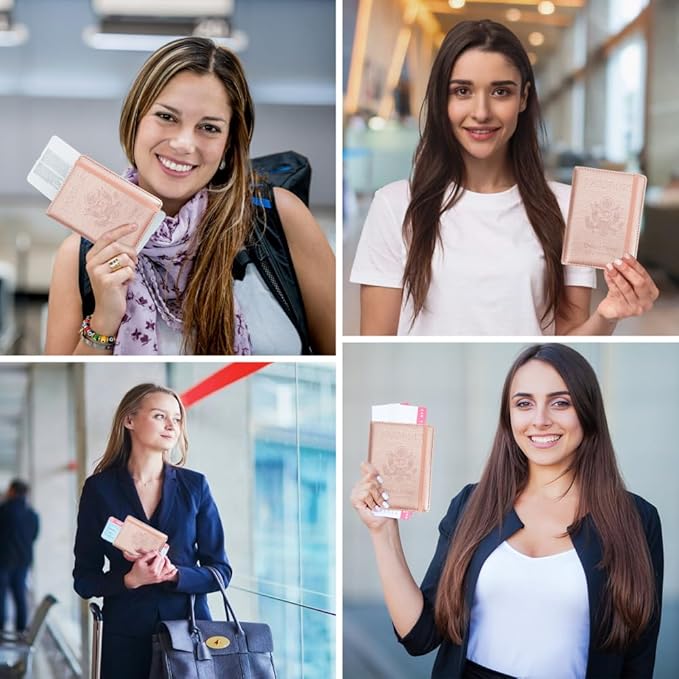 Passport Holder for Travel Essentials, Passport Cover Wallet Passport Holders for Women Men, PU Leather Passport Book Card Case with Pen Holder for Family Travel Must Haves Accessories, Rose Gold
