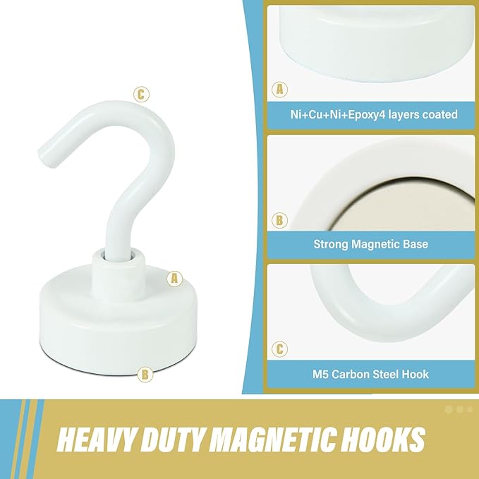 Neosmuk Magnetic Hooks,Heavy Duty Earth Magnets with Hook for Refrigerator, Extra Strong Cruise Hook for Hanging, Magnetic Hanger for Cabins, Grill (White, 6 Pack)