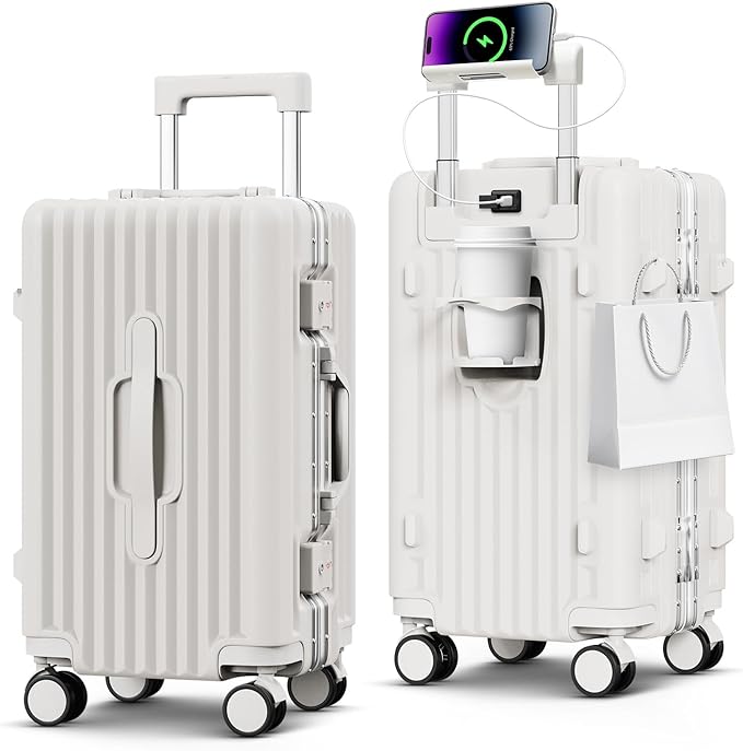 Carry on Luggage, 20 Inch Aluminum Frame PC Hardshell Suitcase with Cup Holder & Charger Port, Airline Approved Weekend Business Travel Case with Spinner Wheels, Tsa Lock