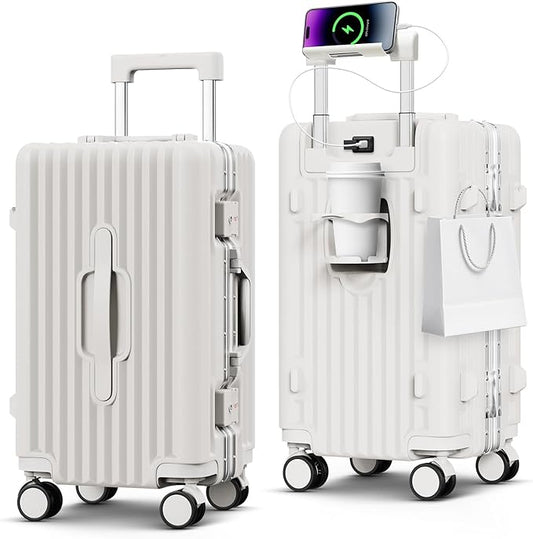 Carry on Luggage, 20 Inch Aluminum Frame PC Hardshell Suitcase with Cup Holder & Charger Port, Airline Approved Weekend Business Travel Case with Spinner Wheels, Tsa Lock