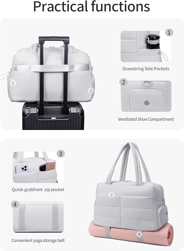 Gitus Carry On Duffle Gym Bag for Women Puffer Weekender Overnight Duffel Bag for Travel with Clear Toiletry Pouch Sport Yoga Fitness Essentials Gifts (Lightgrey)