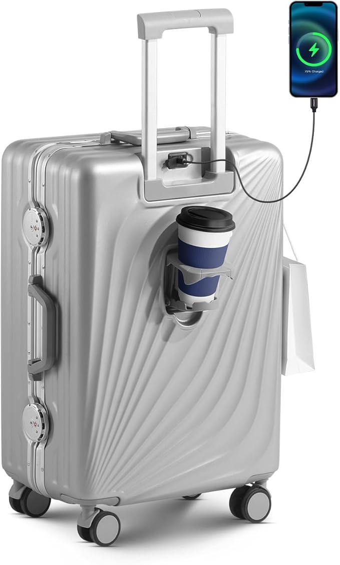 20 Inch Carry On Luggage, Zipperless Luggage with Spinner Wheels, Airline Approved Suitcase with Cup Holder, TSA Lock and USB Charger for Travel, Silver(PC+Aluminum Frame)