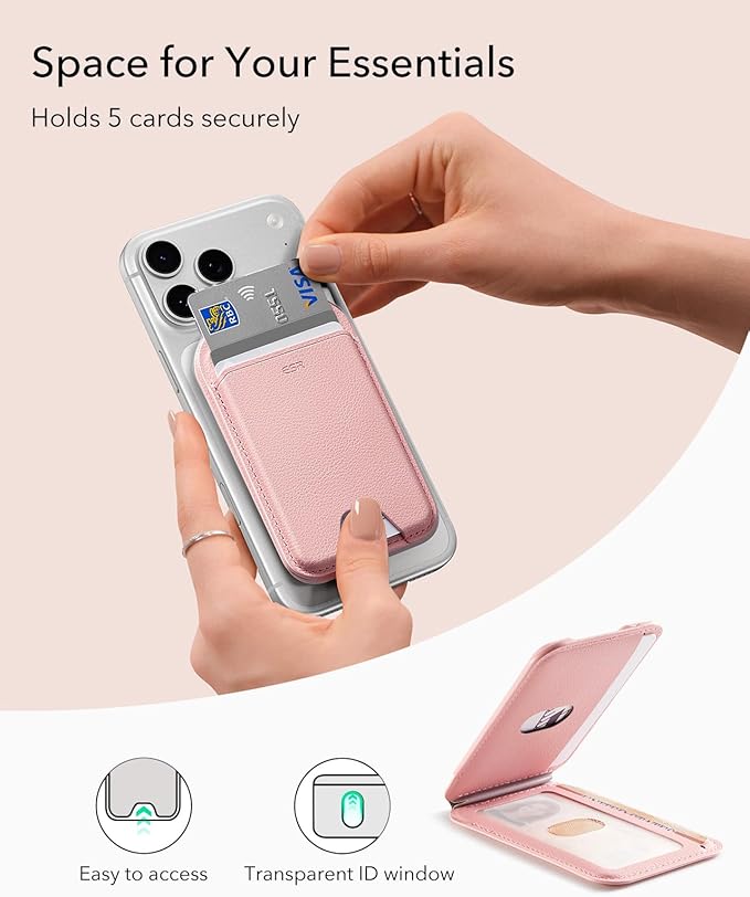 ESR Upgraded Aura for MagSafe Wallet, 5 Card Holder with Adjustable Stand, Magnetic Wallet for iPhone 17e/17/16/15/14/13/12 Series, Not for iPhone 13/12 Mini, Vegan Leather, Pink
