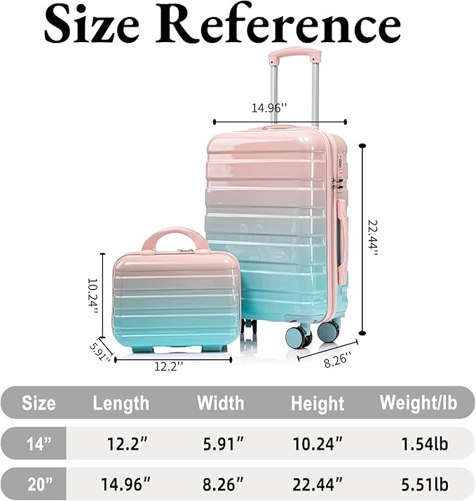 Gradient Pink-Light Blue Luggage Set 14" & 20" - 2 Piece PC Spinner Wheel Suitcases with Combination Lock, Lightweight Carry On for Business & Vacation