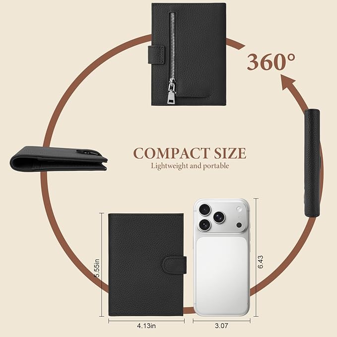 Genuine Leather Passport Holder for Women Men, Hidden Airtag Pocket, RFID Blocking, Zippered Coins Pocket & Cash Compartment Travel Gifts Essentials Passport Cover Case - Black