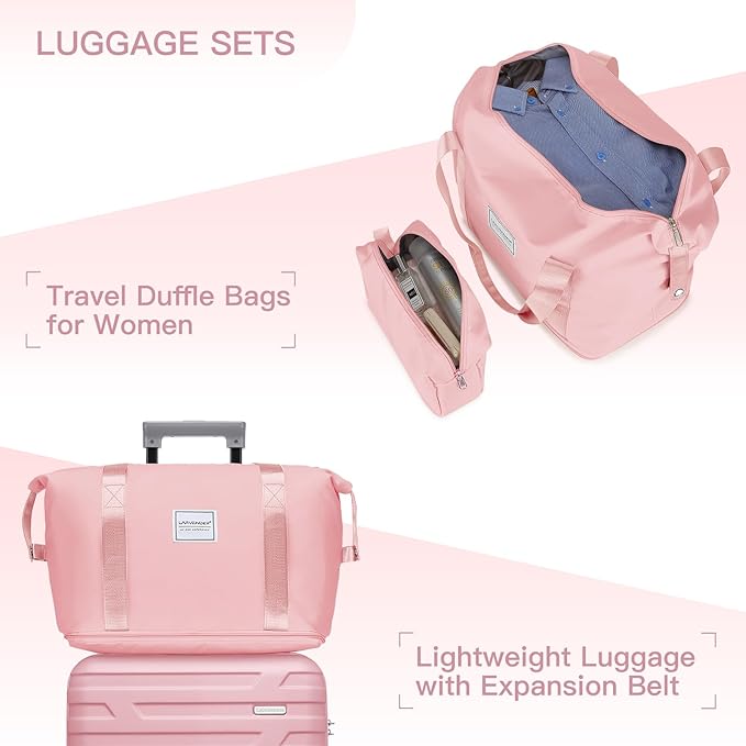 Pink 6 Piece Luggage Set Hard Shell - Expandable Suitcases with Spinner Wheels and Duffel Bags for Family Travel, Durable Carry On Luggage Sets with Lock for Women and Girls