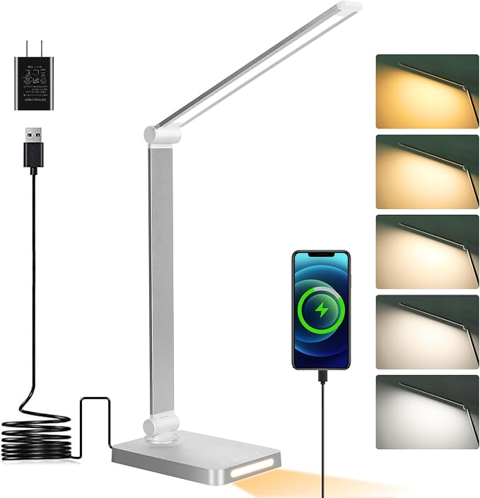Dott Arts LED Desk Lamp with USB Ports,Touch Desk Lamps for Home Office with 5 Color Modes,3 Brightness Desk Light with Small Night Light,Reading Lamp Table LED Lamp for Bedroom Bedsid Study Sliver | 3 Brightness Desk Light with Small Night Light,Readi...