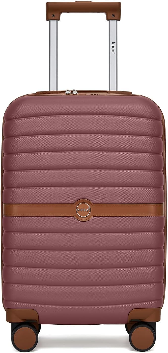 Kono Expandable Carry On Luggage 22x14x9 Airline Approved with Spinner Wheels, 20 Inch Durable & Impact-Resistant PC+ABS Hardshell Rolling Suitcase Travel Luggage with Lock, Burgundy/Brown