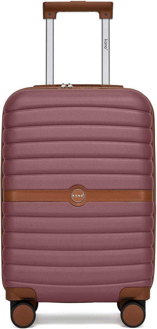Kono Expandable Carry On Luggage 22x14x9 Airline Approved with Spinner Wheels, 20 Inch Durable & Impact-Resistant PC+ABS Hardshell Rolling Suitcase Travel Luggage with Lock, Burgundy/Brown