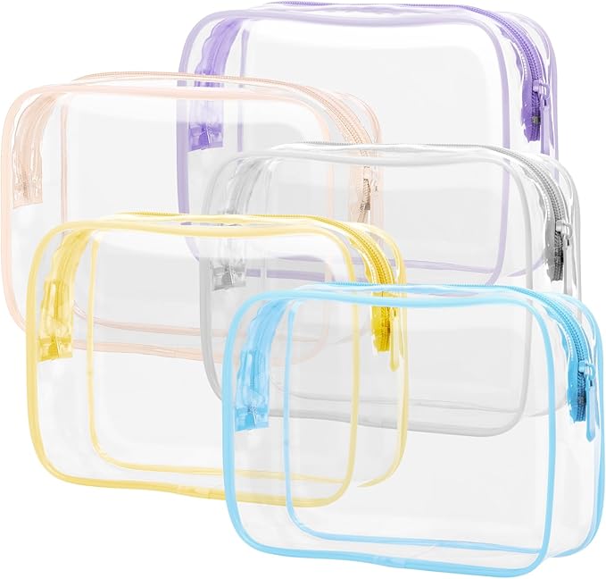 PACKISM TSA Approved Toiletry Bag 5 Medium - Quart Size Clear Makeup Bag for Carry On, Airport Security Compliant Clear Travel bag for Toiletries with Reinforced Seams, Blue Pink White Yellow Purple