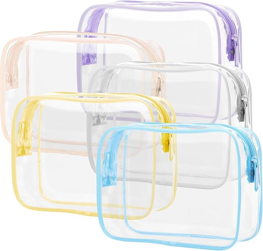 PACKISM TSA Approved Toiletry Bag 5 Medium - Quart Size Clear Makeup Bag for Carry On, Airport Security Compliant Clear Travel bag for Toiletries with Reinforced Seams, Blue Pink White Yellow Purple