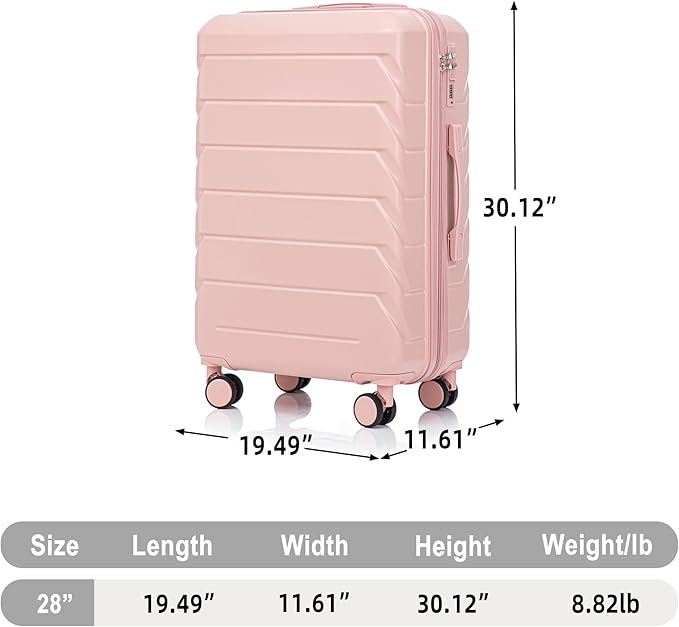 28 Inch Checked-Large Luggage, Lightweight ABS Hard Shell Suitcase with Spinner Wheels, Expandable Travel Luggage with Combination Lock & Side Hooks for Men Women (Pink, 28)
