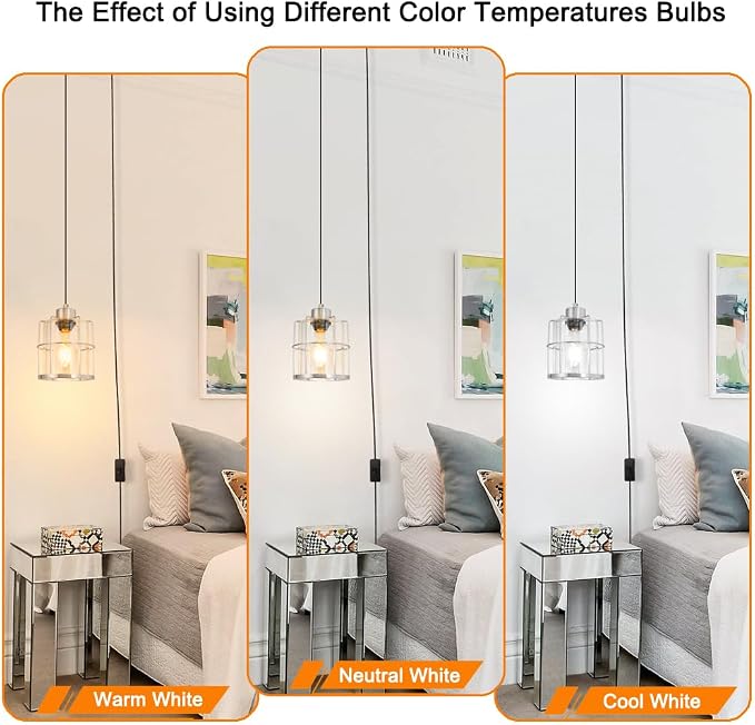 Brushed Nickel Plug in Pendant Light, Hanging Lights with Plug in Cord, Corded Cage Hanging Lamp, Plug in Swag Light Fixtures with Clear Glass, Pendant Lights for Kitchen Island Living Room