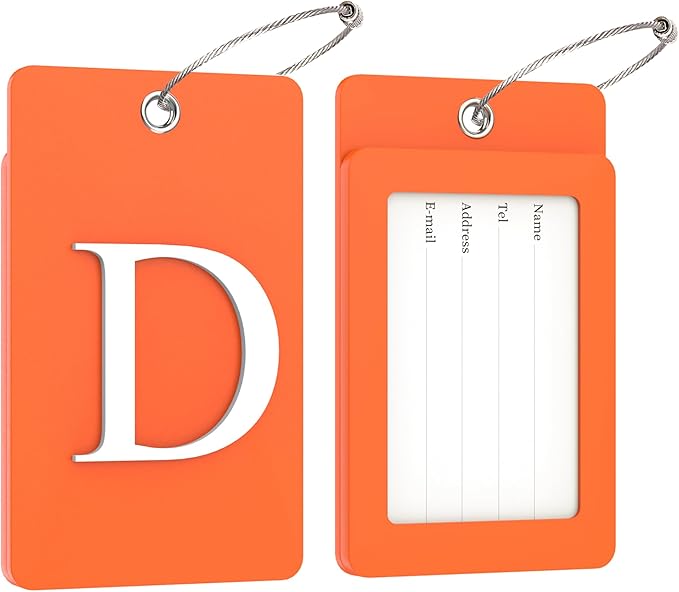 Gostwo 2 Pack Luggage Tags for Suitcases, 26 Initial Letter Travel Luggage Baggage Identification Labels ID Tag Fully Bendable Tags with Stainless Steel Loop (Orange) (Letter D)