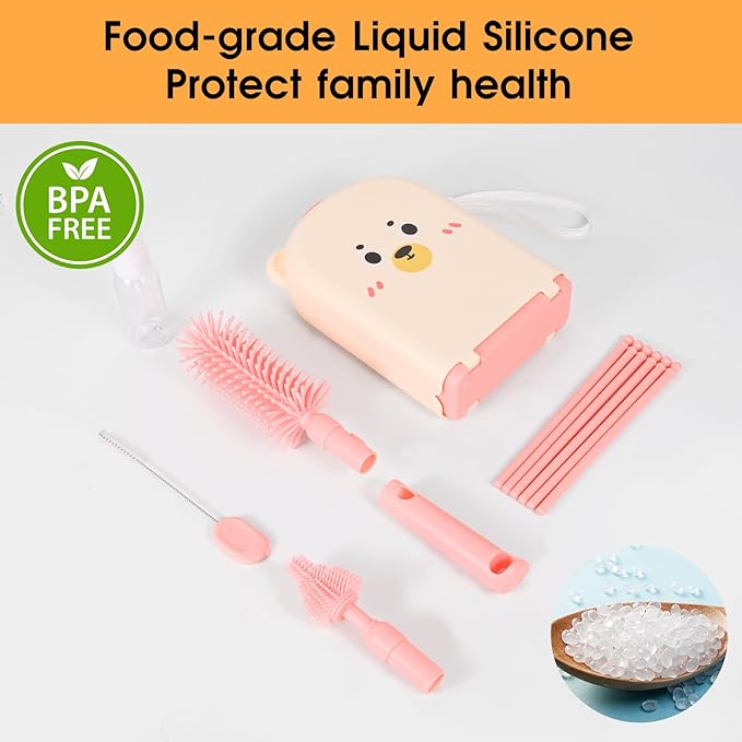 Travel Baby Bottle Cleaner Kit，7-in-1 Baby Bottle Brush Set for Travel and Home, All-in-One Baby Bottle Washing Kit: Integrated Cleaning & Drying System for Bottles and Breast Pump Parts (Pink)