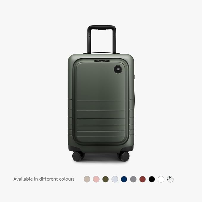 Monos Carry-On Pro Plus Luggage (23"), Hardside Spinner Suitcase with TSA Lock & Front Pocket, Airline Approved, Olive Green