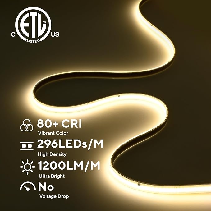 ETL COB LED Rope Light IP65 AC 120V 16.4FT 1200lm Ultra Bright 4000K White | Waterproof Cold-Resistant ETL Light Strip No Driver Tape Lighting for Home Commercial LED Strip Light 4000K Natural White