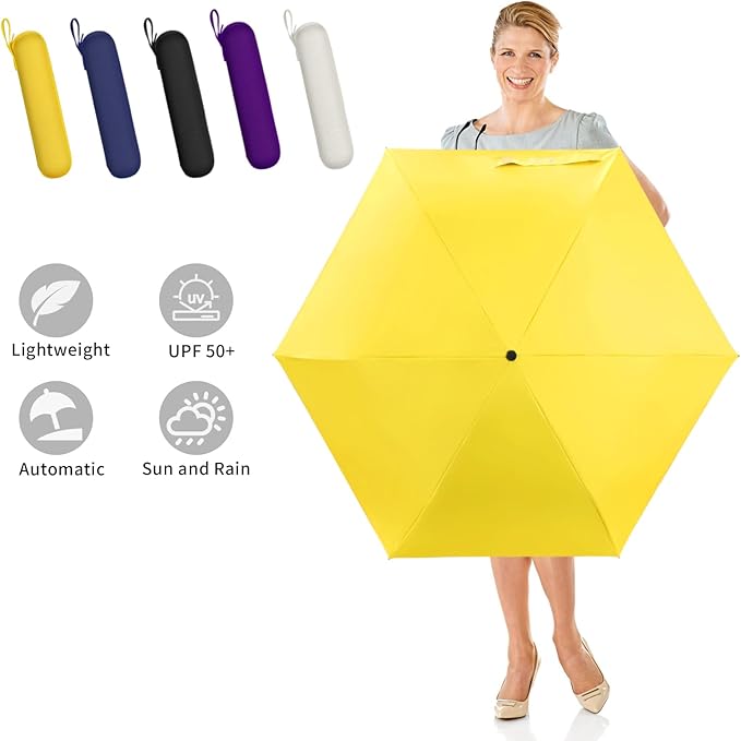 GAOYAING Mini Compact Travel Umbrella with Reflective Safety Stripes, Portable Folding Design with Case