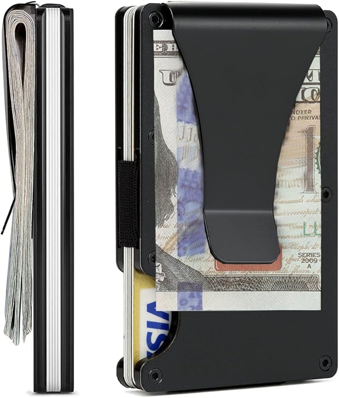 Carbon Fiber Minimalist Wallet for Men Credit Card Holder Money Clip & Cash Strap Slim RFID Mens Wallets(Matt Black)