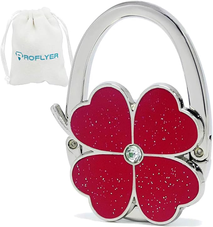 ROFLYER Four Leaf Clover Design Foldable Handbag Hanger Folding Purse Table Hook Holder (Red)