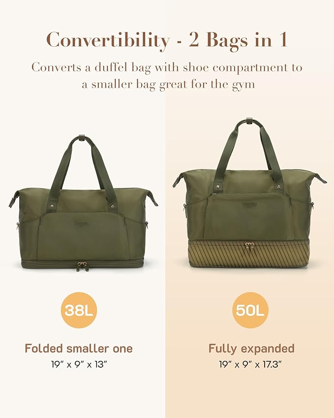 Missnine Weekender Bag for Women, Foldie Travel Bag Expandable with Shoes Compartment Travel Duffel 50L Carry on Overnight Gym