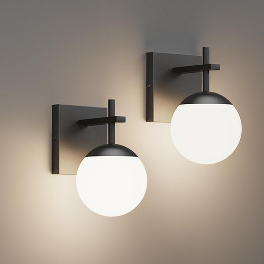 Ralbay Black Indoor Wall Sconces Set of 2,Mid Century Modern Bathroom Wall Lighting Fixtures Milky Glass Wall Lamp for Bedroom Living Room Vanity Hallway, Matte Black (Exclude Bulb)