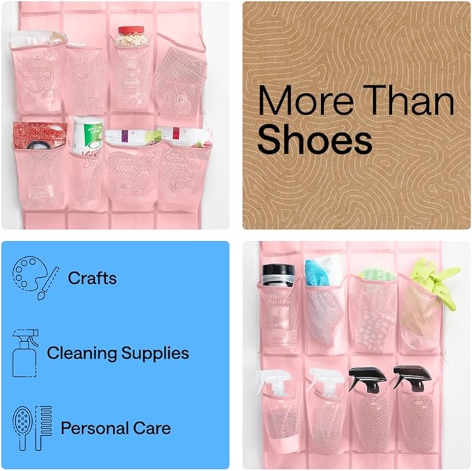 GORILLA GRIP Over the Door Shoe Organizer, 24 Large Breathable Mesh Pockets, Space Saving Hanging Storage Holder, Closet Rack Hanger Holds Up to 40 lbs, Hangs on Closets for Shoes, Accessories, Pink
