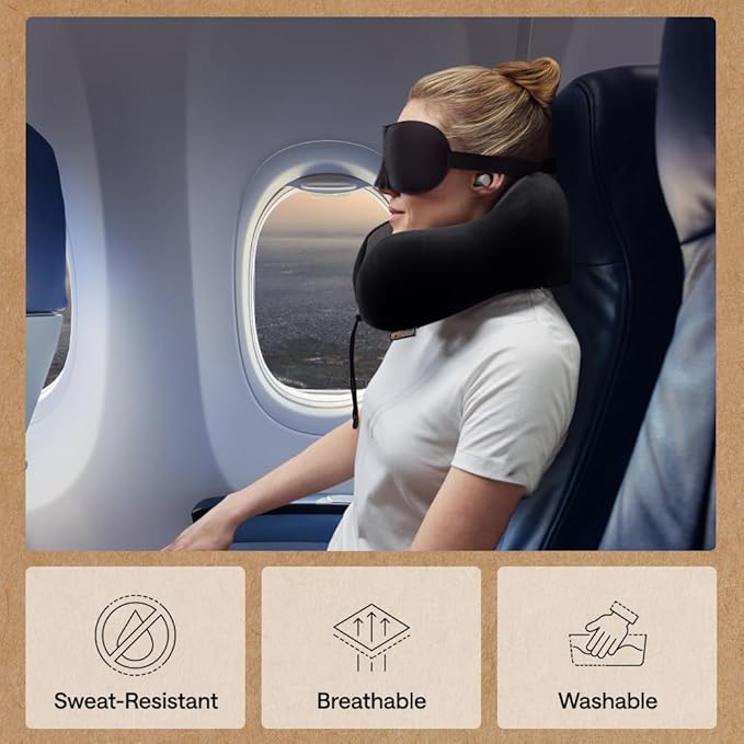 GORILLA GRIP Travel Neck Pillow for Airplanes, CertiPUR-US® Memory Foam Cooling Mesh Pillows, Soft Velvet Washable Cover, Support Headrest for Sleeping, Traveling Essentials Flight Accessories, Black
