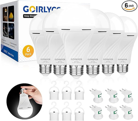 6 Pack Rechargeable Emergency Light Bulbs, Battery Powered LED Light Bulb | Daylight 9W E26 6500K 1500mAh for Home Power Outage Hurricane Blizzard Hiking Camping