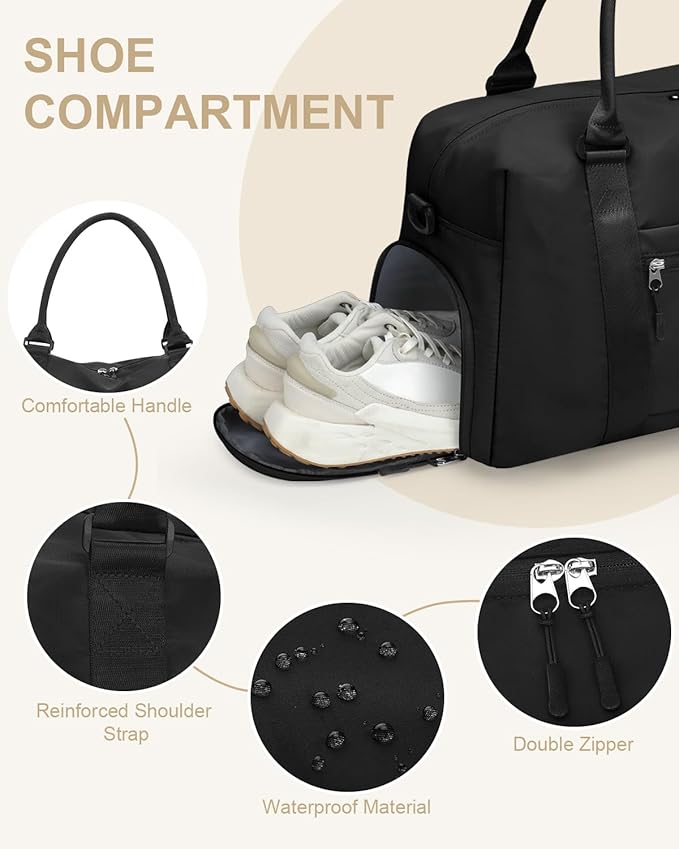 Travel Duffle Bag for Women Large Weekender Overnight Bags Gym Bag with Shoe Compartment Waterproof Hospital Bag Carry On Tote Bag for Airplanes Black