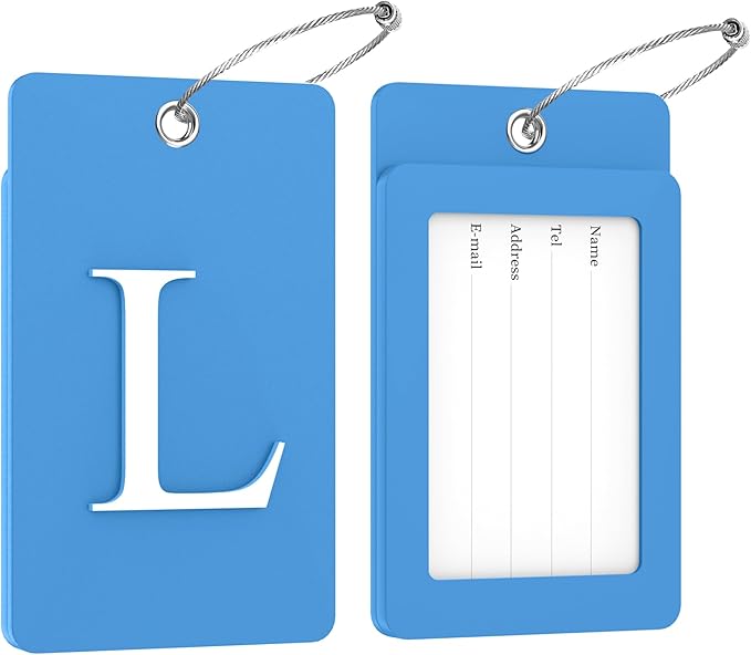 Gostwo 2 Pack Luggage Tags for Suitcases, 26 Initial Letter Travel Luggage Baggage Identification Labels ID Tag Fully Bendable Tags with Stainless Steel Loop (Blue) (Letter L)