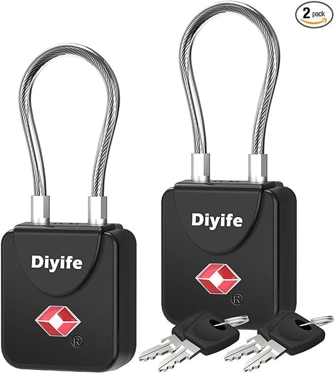 Luggage Locks with Key, [2 Pack] Diyife TSA Approved Luggage Locks, Suitcase Locks, Small TSA Travel Lock with Zinc Alloy Steel Cable Ideal for Backpacks, Bags, Toolbox, Case (Black)