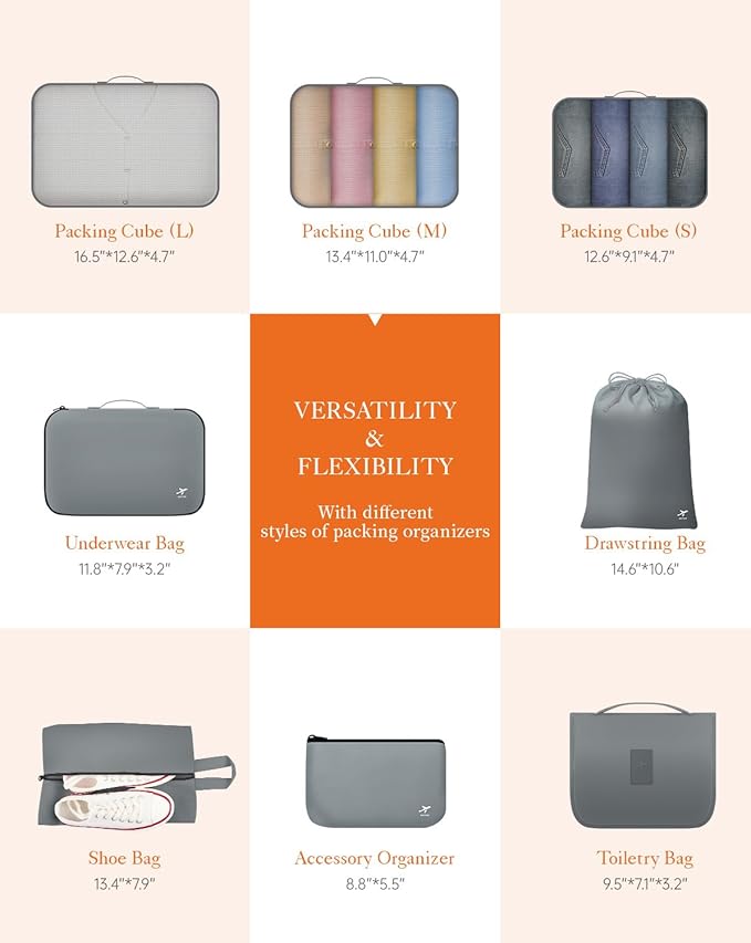 HOTOR Packing Cubes for Suitcases - 8 Pieces, Light Packing Cubes for Travel, Premium Suitcase Organizer Bags Set, Space-Saving Luggage Organizers, Travel Accessories and Essentials, Grey
