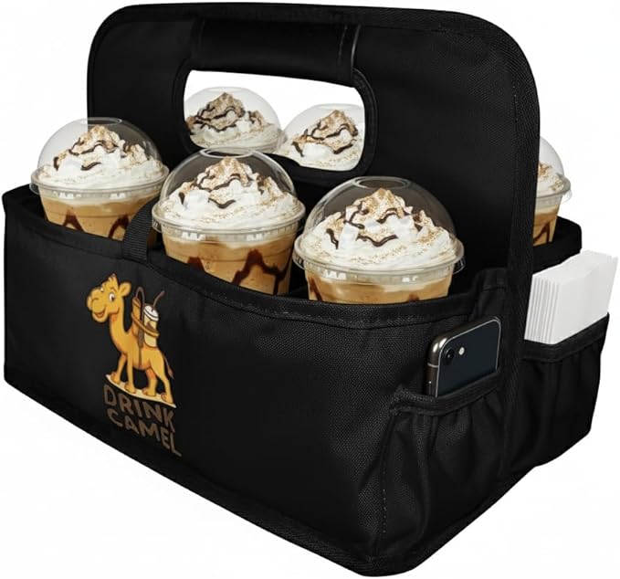 Reusable Drink Carrier with Handle – Durable No-Spill Insulated & Collapsible Beverage Bag with Pockets, Portable Caddy for On-the-Go Delivery, Travel & Car Use (6 Cup Carrier, Jet Black)