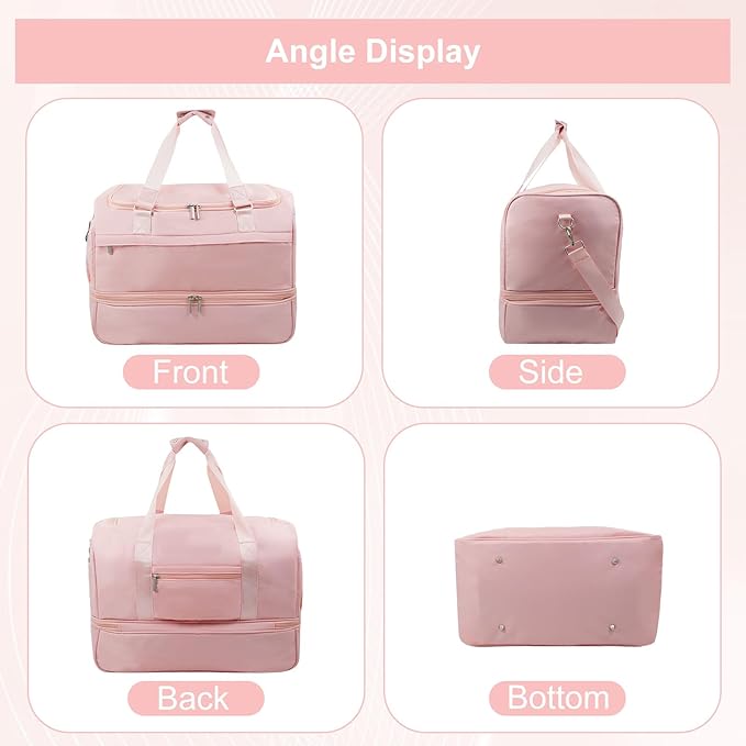 Carry On Travel Duffel Bag for Women & Men,Overnight Weekender Bag with Shoe Compartment,Trolley Sleeve and Adjustable Shoulder Strap,Business & Weekend Travel,Gym,Sports,Yoga & Dance (Pink)