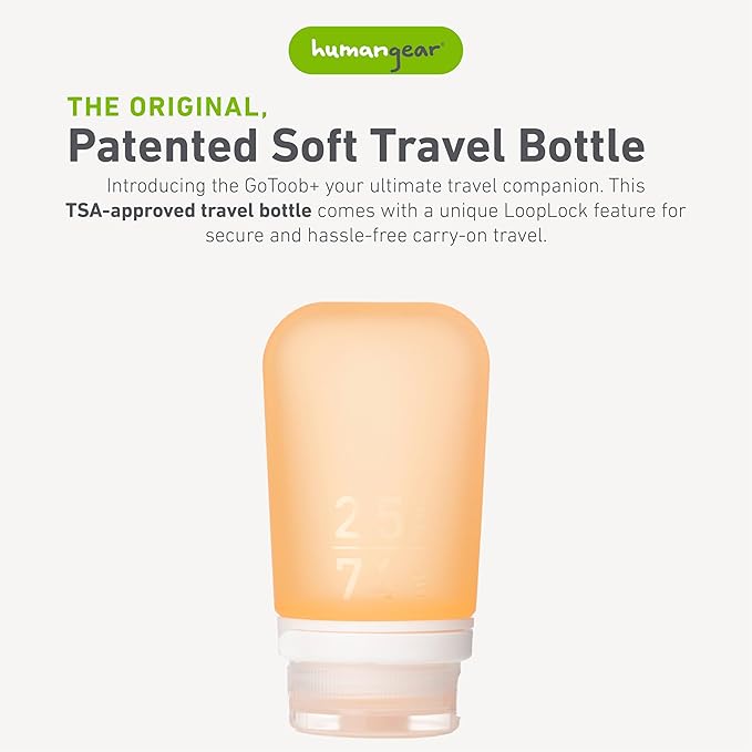 humangear GoToob+ (Medium) | Refillable Silicone Travel Bottle | Locking Lid | Food-Safe Material | Orange, Medium (2.5 fl.oz.; 74ml)