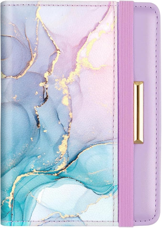 Passport Holder Cover, RFID Travel Wallet Credit Card Holder Cute Purple Pink Passport Book Holders for Women with Elastic Band and Golden Metal Decoration, Gradient Marble