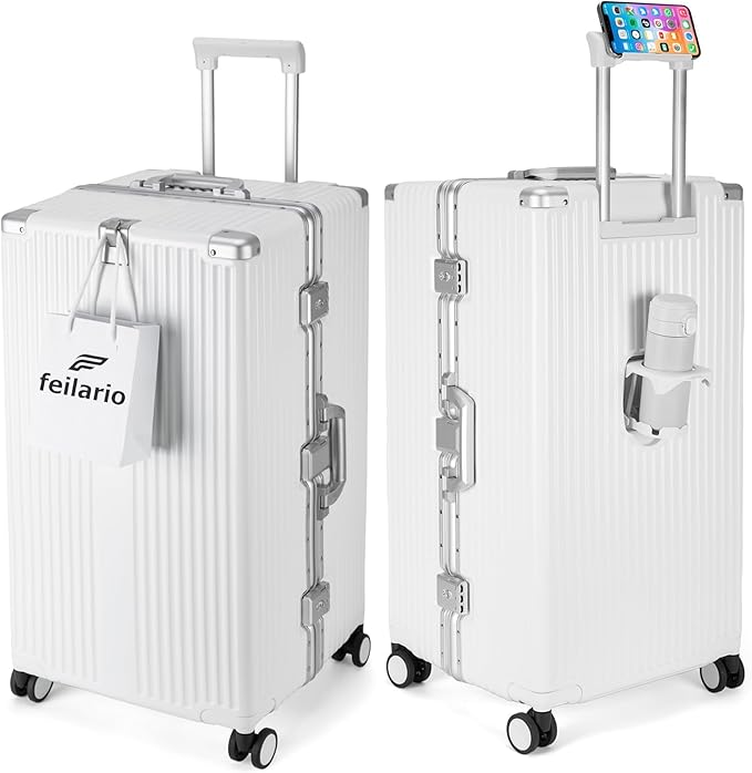 feilario 29in Super Large Captain Aluminum Frame Hardside Spinner Wheels Luggage, Removable Wheels Zipperless Checked Suitcase with Cup Holder/Phone Holder (Ivory White,29in)