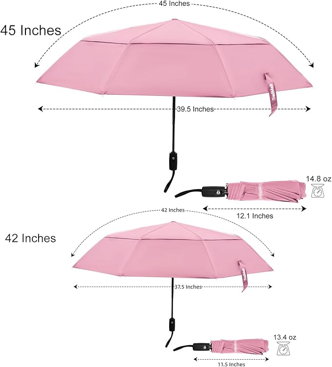 TradMall Travel Umbrella, 42/45 Inches Double Vented Canopy Windproof Automatic Strong Compact Folding Umbrellas for Rain Women and Men