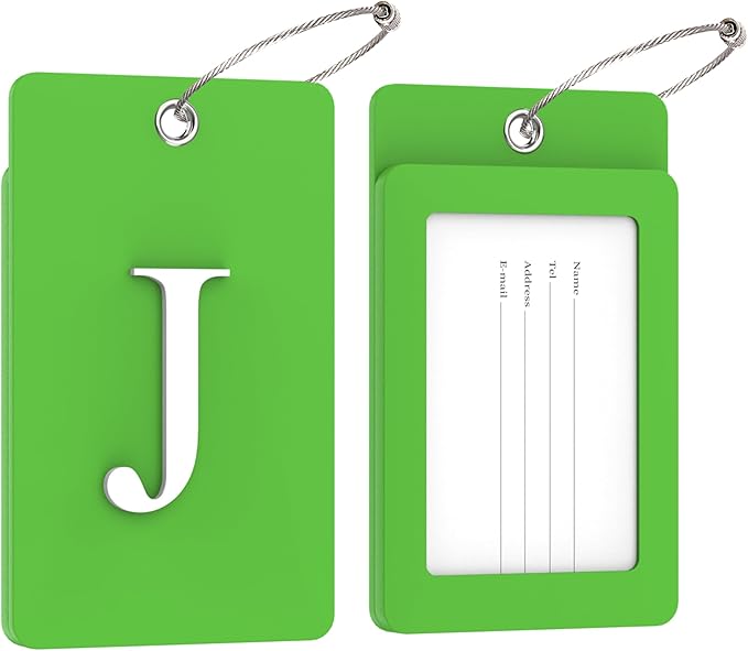 Gostwo 2 Pack Luggage Tags for Suitcases, 26 Initial Letter Travel Luggage Baggage Identification Labels ID Tag Fully Bendable Tags with Stainless Steel Loop (Green) (Letter J)
